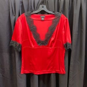 Red satin & black lace top